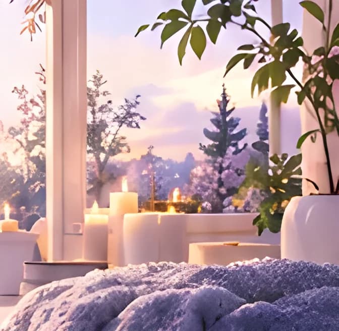 Mumlar, bitkiler ve örgü battaniyeyle sıcak bir pencere kenarı, dışarıda lila ağaçlar