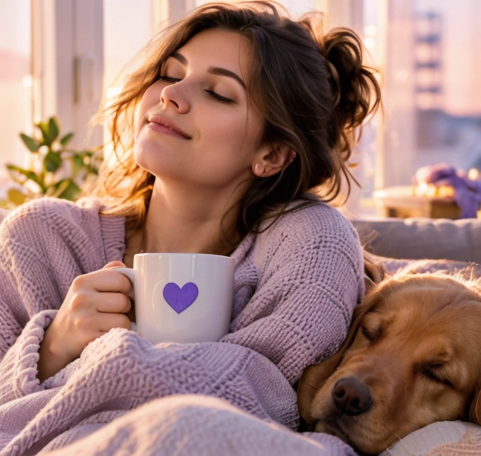 Battaniyeye sarınmış, kupasını tutan kadın ve yanında uyuyan golden retriever