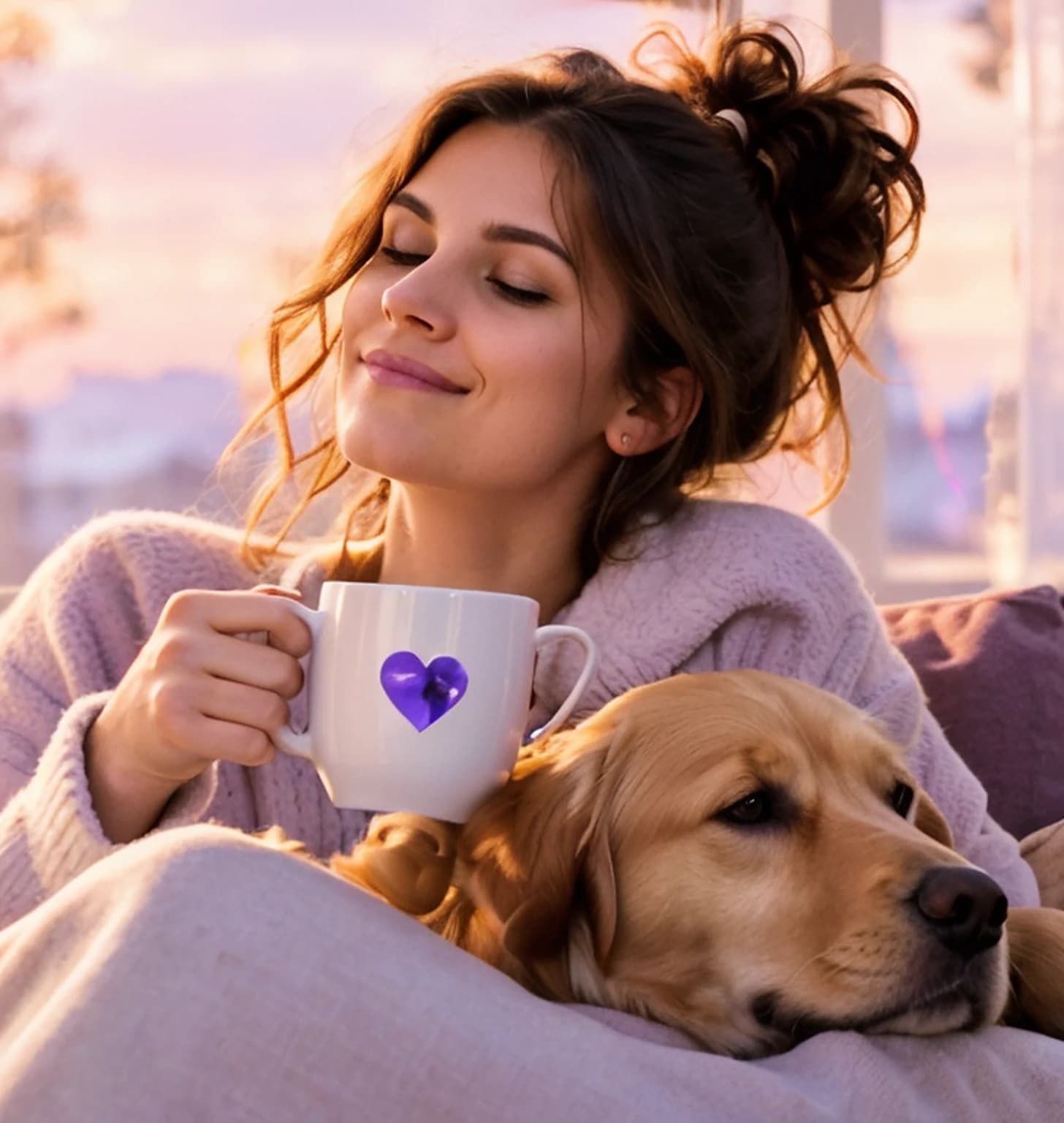 Kupasını tutup gözlerini kapatmış kadın ve kucağında uyuyan köpeği