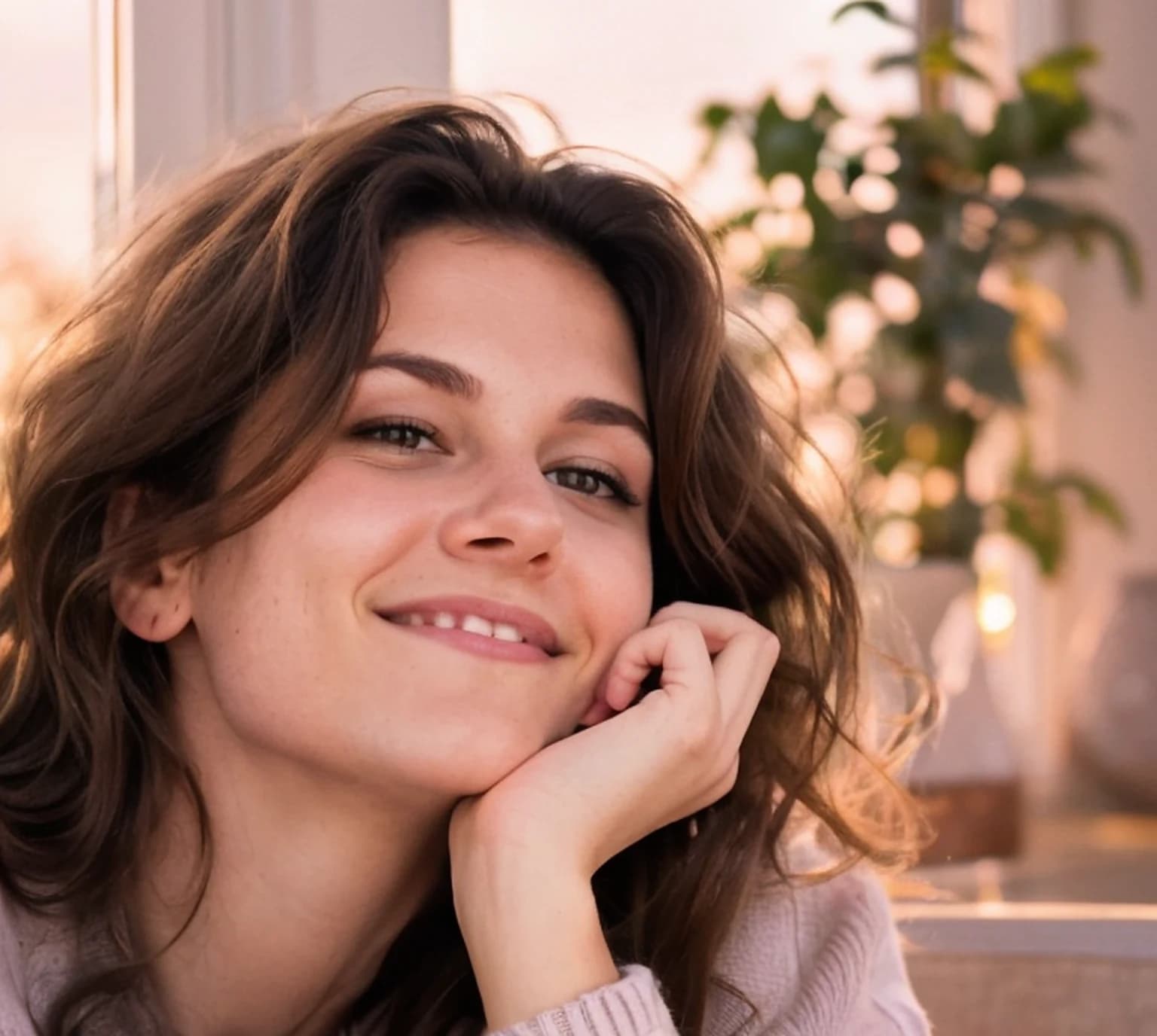 Çenesini eline dayamış, düşünceli ve sıcak bir gülümsemeyle bakan kadın