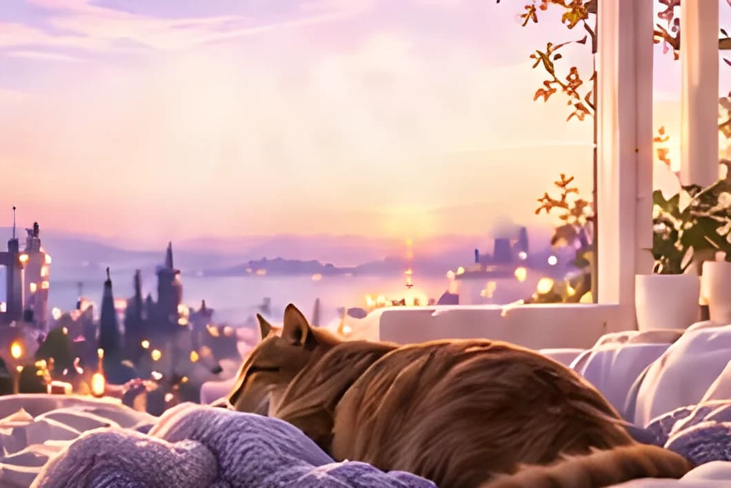 Gün batımında şehir manzaralı pencerenin önünde battaniyede uyuyan kedi