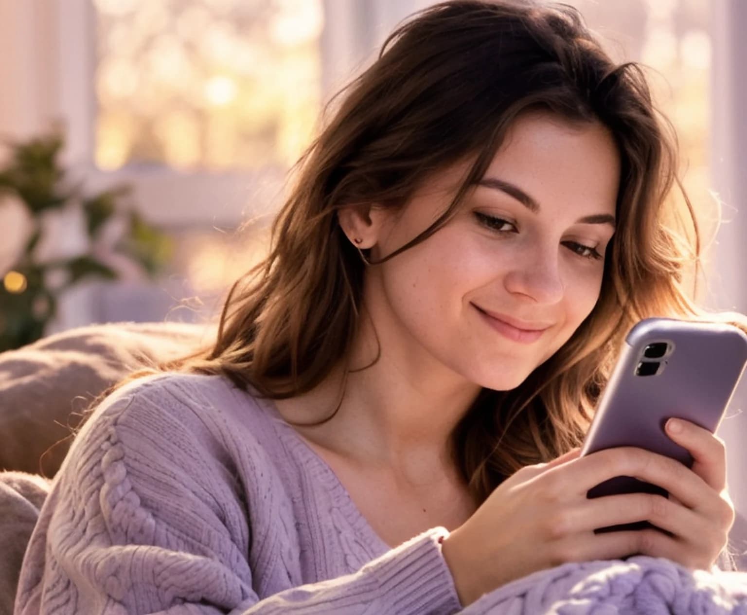 Kanepede telefonuna bakıp gülümseyen, lila kazaklı kadın