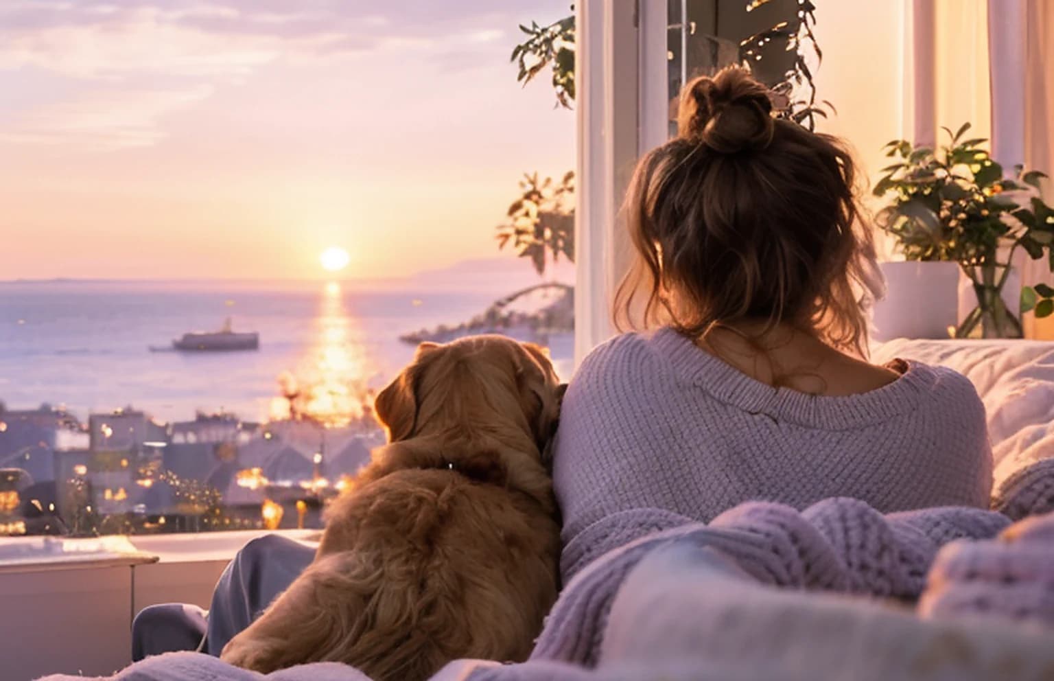 Arkadan görünen kadın ve köpeği, pencereden denize batan güneşi izliyor